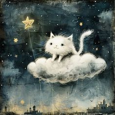 a painting of a cat sitting on top of a cloud with a star in the sky