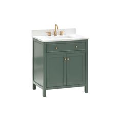 a bathroom vanity with two gold faucets on the top and one white sink