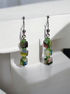 Glass earrings Green Dangle Glass Earrings, Green Glass Dangle Earrings, Multicolor Glass Drop Earrings, Modern Green Glass Earrings, Modern Glass Earrings With Ear Wire, Nickel-free Green Glass Earrings, Green Glass Nickel-free Earrings, Glass Dangle Earrings For Pierced Ears, Glass Earrings