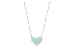 Kendra Scott Ari Heart Short Pendant Necklace - Necklace : Light Blue Magnesite : Manifest love in the Kendra Scott Ari Heart Short Pendant Necklace. Subtle necklaces features stone centers with etched edges. 14K gold, 14K rose gold, rhodium - all plated over brass. Lobster claw closure with extender. Imported. Measurements: Chain Circumference: 14 in Adjuster Length: 2 1 2 in Pendant Height: 1 2 in Pendant Width: 9 16 in Weight: 0.01 oz Blue Jewlery, Preppy Necklaces, Light Blue Necklace, Short Pendant Necklace, Kendra Scott Necklace, Preppy Jewelry, Ribbon Necklace, Kendra Scott Jewelry, Bracelets Handmade Beaded