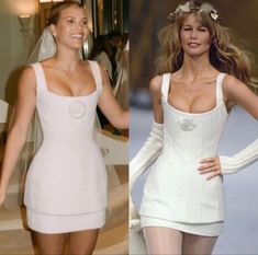 two pictures of models in short white dresses