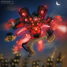 a cartoon character flying through the air in front of a city at night with red lights