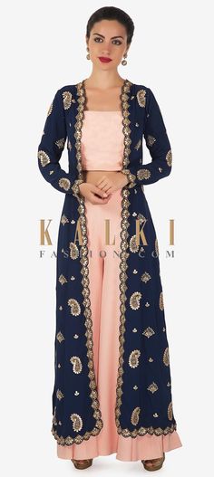 Buy Online from the link below. We ship worldwide (Free Shipping over US$100)  Click Anywhere to Tag Baby pink crop top and palazzo set matched with gotta patti embroidered jacket only on Kalki Baby pink crop top ad palazzo suit featuring in crepe silk.Matched with navy blue long jacket in georgette.Its embellished in gotta patch and zardosi embroidered butti and border. Crop Top Palazzo With Jacket For Wedding, Jacket Suits Indian, Long Jacket Outfit Indian, Crop Top Palazzo With Jacket, Jacket Dress Indian, Georgette Crop Top, Baby Pink Crop Top, Long Jacket Dresses, Engagement Saree