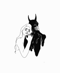 a black and white drawing of a woman holding a bat next to a demon head