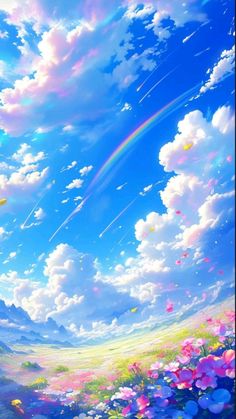 the sky is filled with colorful clouds and pink flowers, as well as a rainbow