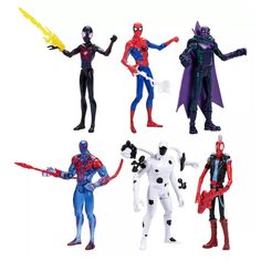 six action figures in various poses on a white background, including spider - man and other characters