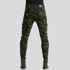 Camouflage print men's moto jeans online—excellent jeans from the 2023 Autumn collection. Street-style trend denim is a fashion style that focuses on the individual's personal expression and unique look. This style celebrates the freedom of self-expression and gives people a chance to make a statement with their clothing choices. It combines classic denim designs with modern trends, allowing for timeless pieces and more personalized looks. Denim in the street-style movement is ideal for people w Stylish Jeans For Men, Moto Jeans, Bike Rides, Monochrome Design, Biker Jeans, Stylish Jeans, Rugged Look, Denim Patterns, Autumn Collection