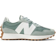 New Balance Men's 327 Lifestyle Shoe Grey/Juniper Green MS327MS Men's Beanies, New Balance 327, Trainers Fashion, Mens Lifestyle, New Balance Sneakers, New Balance Men, Green Suede, Sandals Brands, Suede Material