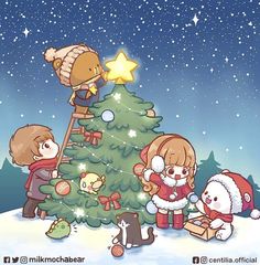 children decorating a christmas tree with teddy bears