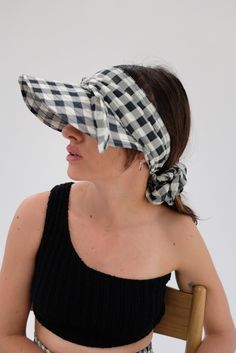 Beklina Tie Visor Black Gingham Europe Art, Sewing Hats, Hair Up Or Down, Summer Shades, Black Gingham, Sun Cap, Hat Ideas, Colors Purple, Designer Vintage