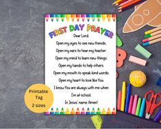 a printable first day prayer with crayons and pencils on the table