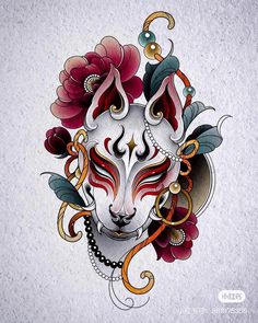 an animal with flowers on it's head is depicted in this artistic tattoo design