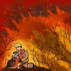 a painting of a fireman holding a dog in front of a blazing forest filled with trees