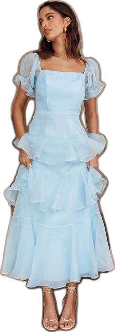 Light Blue Organza Dress With Ruffles, Tiered Midi Dress With Ruffles For Wedding, Wedding Midi Dress With Ruffles For Prom Season, Prom Midi Dress With Ruffles, Ruffled Midi Dress For Prom Season, Midi Length Organza Dresses With Ruffles, Elegant Blue Tiered Midi Dress, Organza Ruffled Midi Dress For Party, Organza Midi Dress With Ruffles For Party