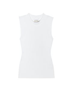 The sleeveless mock neck you covet, now in responsible Organic Rib. Chic, with an edge. Just like its namesake. (This one comes in White.) | Women's Joan Tank Top in White | Ethical Essentials White Fitted Turtleneck Tank Top, White Fitted High Neck Tank Top, Sleeveless Mock Neck, Mock Neck, Organic Cotton, No Response, Tank Top, Tank Tops, White