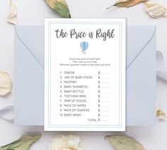 the price is right baby shower game with flowers around it and a blue hot air balloon