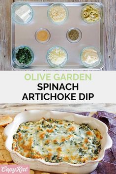 spinach artichoke dip recipe in a casserole dish with the title above it