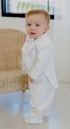 Tuxedo White Fitted Sets For Black Tie Occasion, Classic White Sets For Black Tie Occasions, Elegant Fitted Suits For Baptism, Classic Fitted Suit For Baptism, Elegant Fitted Suit For First Communion, Tuxedo White Bowtie, Elegant White Suits For Baptism, White Tuxedo Three-piece Suit, White Tailored Tuxedo Set