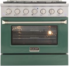 a green oven with four burners on the front and two lights on the side