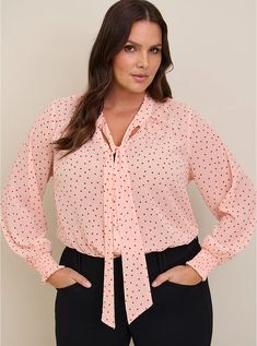 Chiffon Bow Front Button-Up Blouse, PINK DOT Blouse Images, Chiffon Bow, Light Pink Blouses, Bow Tie Blouse, Pink Dot, Tie Blouse, Chiffon Blouse, Pink Blouse, Plus Size Blouses