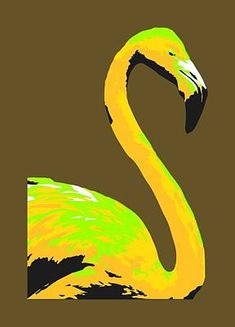 a painting of a yellow flamingo on a brown background with the letter s in it's center