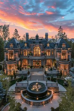 this is an aerial view of a large mansion with fountain in the front yard at sunset