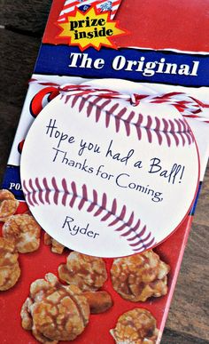 a baseball themed candy bar wrapper with the words, hope you had a ball thanks for coming ryder