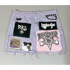 Pastel Purple Lavender ‘D.R.I’ ‘The Cramps’ ‘Riistetyt’ ‘Thrasher’ ‘Led Zeppelin’ ‘The Distillers’ ‘Broken Bones’ ‘The Beatles’ Punk Rock Band Patches Studded Denim Jean Mini Skirt Size 12 Waist: 16 In. - Length: 15 In. #Brokenbones #Thedistillers #Thecramps #Thebeatles #Ledzeppelin Punk Denim Skirt With Pockets For Streetwear, Edgy Fitted Purple Bottoms, Purple Denim Bottoms For Streetwear, Fitted Edgy Purple Bottoms, Grunge Mini Skirt For Streetwear, Punk Cotton Skirt For Streetwear, Punk Style Cotton Skirt For Streetwear, Grunge Cotton Mini Skirt, Edgy Cotton Denim Skirt For Streetwear