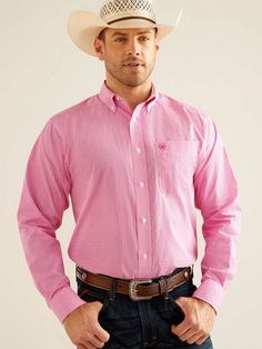 This dark pink & pale pink geo print shirt will look polished and sharp. Ariat's casual shirts stand up to serious wear and look good doing it. Combining classic styling, rugged comfort and quality construction, they’re an all-day, everyday staple. Summer Pink Cotton Dress Shirt, Casual Pink Button-up Dress Shirt, Pink Relaxed Fit Shirt For Work, Casual Pink Dress Shirt For Spring, Casual Pink Cotton Dress Shirt, Casual Pink Dress Shirt For Work, Pink Long Sleeve Dress Shirt For Business Casual, Classic Pink Shirt For Workwear, Classic Pink Shirt For Work