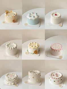 many different types of cakes sitting on top of a white countertop next to each other