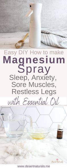 bottle of homemade magnesium spray with bowls of ingredients and essential oil to make the diy recipe Diy Perfume Recipes, Room Spray Recipe, Magnesium For Sleep, Magnesium Flakes, Magnesium Spray, Oils For Sleep, Perfume Recipes, Essential Oils For Sleep, Restless Legs