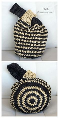 crocheted black and white purse with an oval design on the front, two pictures side by side