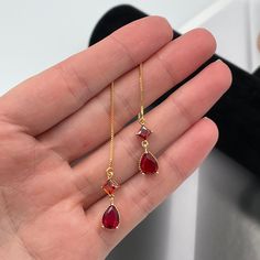 Ear Piercing Ideas, Thread Earrings, Red Thread, Ruby Earrings, Piercing Ideas, Threader Earrings, Ear Piercing, Red Crystals, Earrings Long