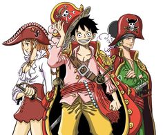 one piece characters are standing next to each other with pirate hats and swords in their hands