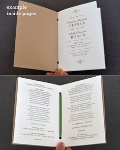 the inside and outside pages of a wedding program