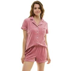 Cozy up in this plush two-piece loungewear set. The notched collar top adds a touch of sophistication while the short sleeve and button-down front offer comfort and style. Contrast piping and a handy chest pocket elevate the look. Pair with the matching shorts featuring a soft waistband and contrast trim for a complete relaxation ensemble. Perfect for lazy mornings, quiet evenings, or whenever you crave ultimate comfort. Size: M.  Color: Red.  Gender: female.  Age Group: adult. Cheap Cotton T-shirt For Playwear, Cheap Short Sleeve Shirt For Loungewear, Cheap Cotton Shirt For Playwear, Two Piece Loungewear, Velour Shorts, Contrast Piping, Loungewear Set, Collar Top, Notched Collar