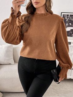 Style:Casual \nDetails:Frill \nHem Shaped:Regular \nDetails:Ruffle \nNeckline:Stand Collar \nType:Top \nDetails:Shirred \nSleeve Type:Flare Sleeve \nColor:Brown \nPattern Type:Plain \nSleeve Length:Extra-Long Sleeve \nLength:Regular \nFit Type:Regular Fit \nFabric:Non-Stretch \nMaterial:Woven Fabric \nComposition:97% Polyester \nComposition:3% Elastane \nCare Instructions:Machine wash or professional dry clean \nBody:Unlined \nSheer:No \n Extra Long Sleeves, Solid Color Shirt, Color Shirt, Plus Size Blouses, Flared Sleeves, Women's Casual, Plus Size Tops, Maternity Bag, Extra Long