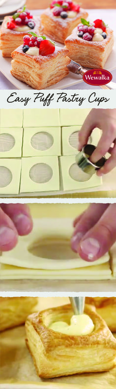 the steps to making pastry are shown in three different pictures, including one being cut into squares