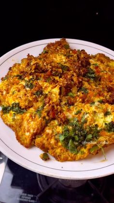 an omelet is on a white plate with green garnish and spices