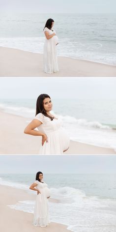 the pregnant woman is standing on the beach