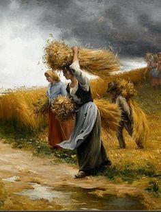 a painting of two women carrying bundles of hay in a field with other people nearby