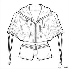 a jacket with zippers on the chest and hood, black and white outline drawing