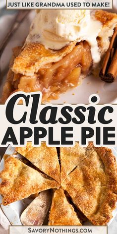 an apple pie with cinnamon sticks and ice cream on top is featured in this advertisement