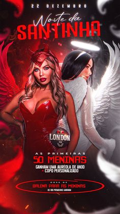 an event flyer with two women in red dresses and angel wings on the back ground