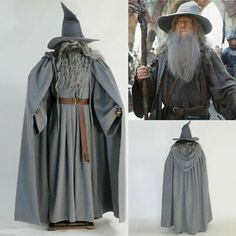 an image of wizard costume on display in three different pictures, including one with long gray hair and beard