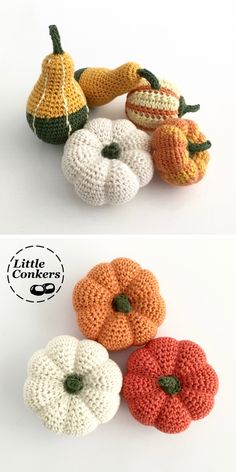 crocheted pumpkins and gourds are shown in three different colors, each with green leaves