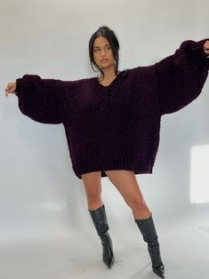 Galaxy Deep Purple Oversize Sweater – LULU Handmade Knits Crochet Purple Sweater, Whimsigoth Aesthetic Outfits, Crochet Oversized Sweater, Wide Sleeve Sweater, Dress Book, Oversize Sweater, Womens Sweaters, Lion Brand Yarn, Stylish Dress Book