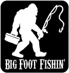 the big foot fishin'logo is shown in white on a black background with an image of a man holding a fishing rod