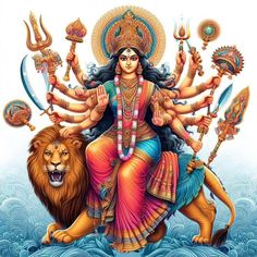 the hindu goddess sitting on top of a lion with two swords in her hands and surrounded by other animals