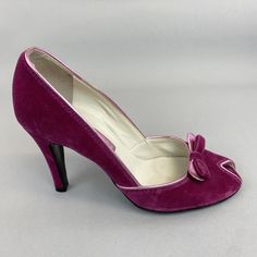 Pre-owned in good condition, sign of wear-see all the pictures and measurements for more description.    * Heels 3.7"  * Height 6.4" including heels  * Insole length 10"  * Sole widest part 3.25"  * Upper materials- Textile Vintage Heels With Round Toe For Parties, Vintage Round Toe Heels For Party, Vintage Party Heels With Round Toe, Formal Pink Wedding Shoes With Almond Toe, Pink Almond Toe Wedding Shoes For Formal Occasions, Vintage Heels With Padded Heel For Party, Vintage Wedding Heels With 4-inch Heel, Vintage 4-inch Heel Wedding Heels, Vintage 4-inch Heels For Wedding